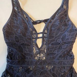 BECCA Medium women's Crochet Plunge One-Piece Swimsuit- Black